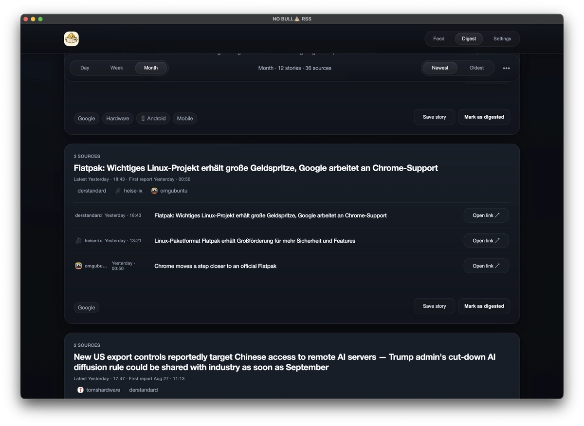 Monthly Digest showing related RSS coverage grouped into story clusters