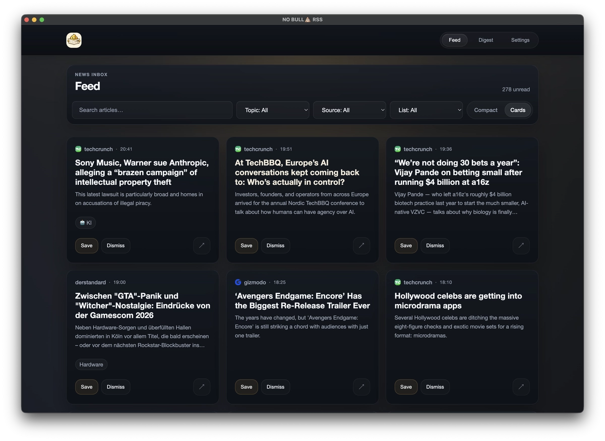 NO-BULLSHIT-RSS chronological feed in card view