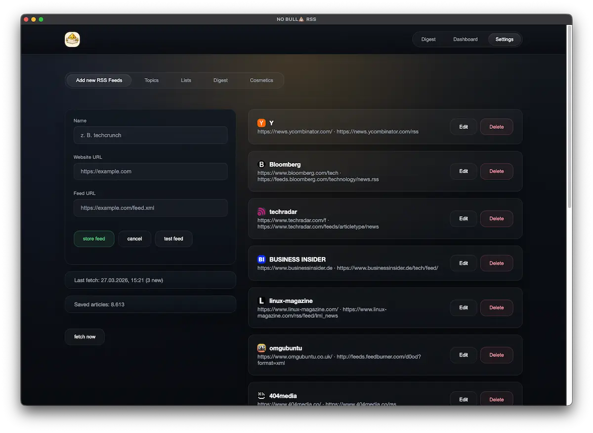 Feed setup screen with source management