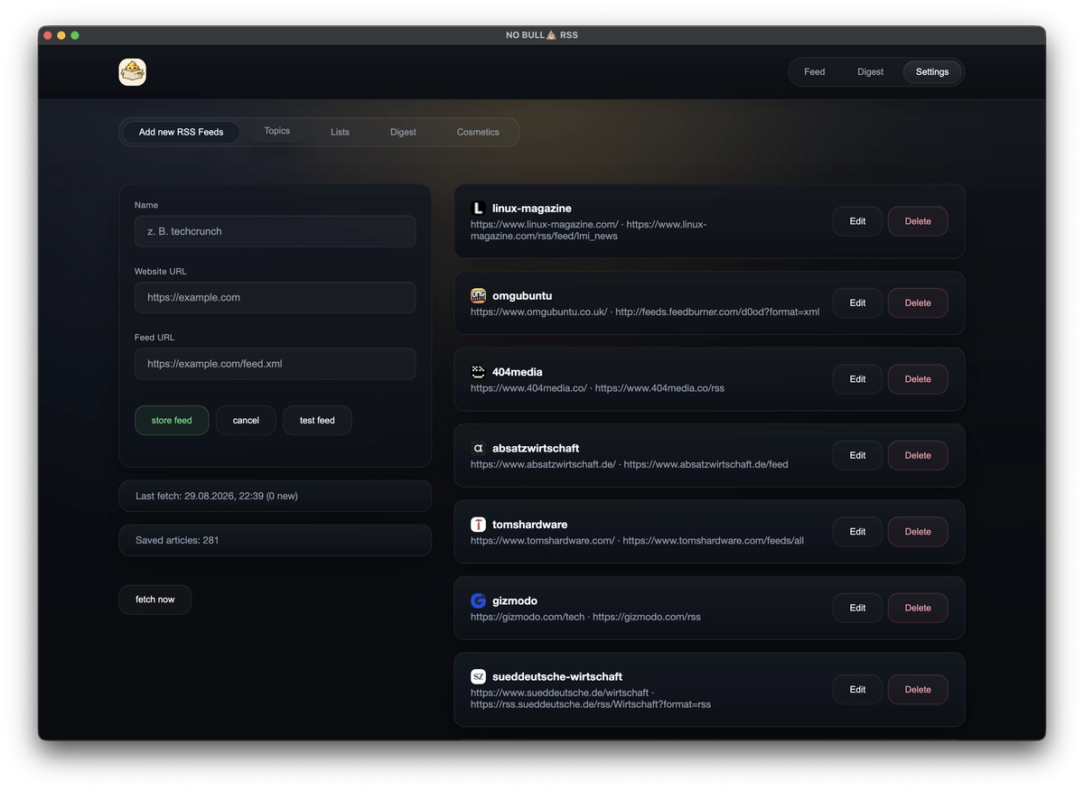 RSS feed settings with source testing, editing and stored article counts