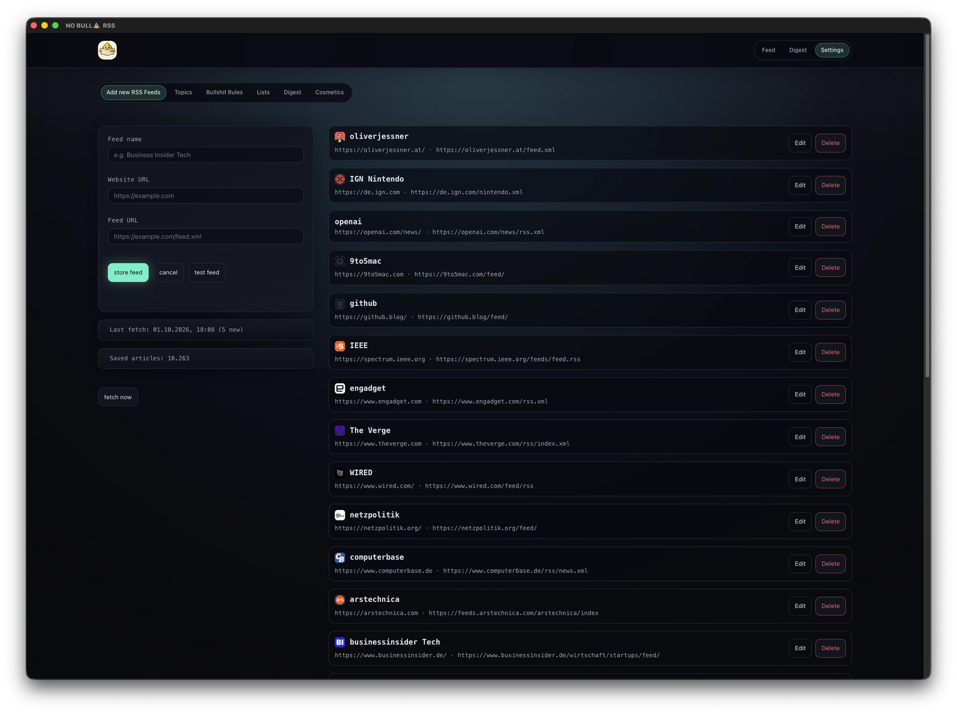 Feed-Verwaltung in NO BULLSHIT RSS mit gespeicherten Quellen