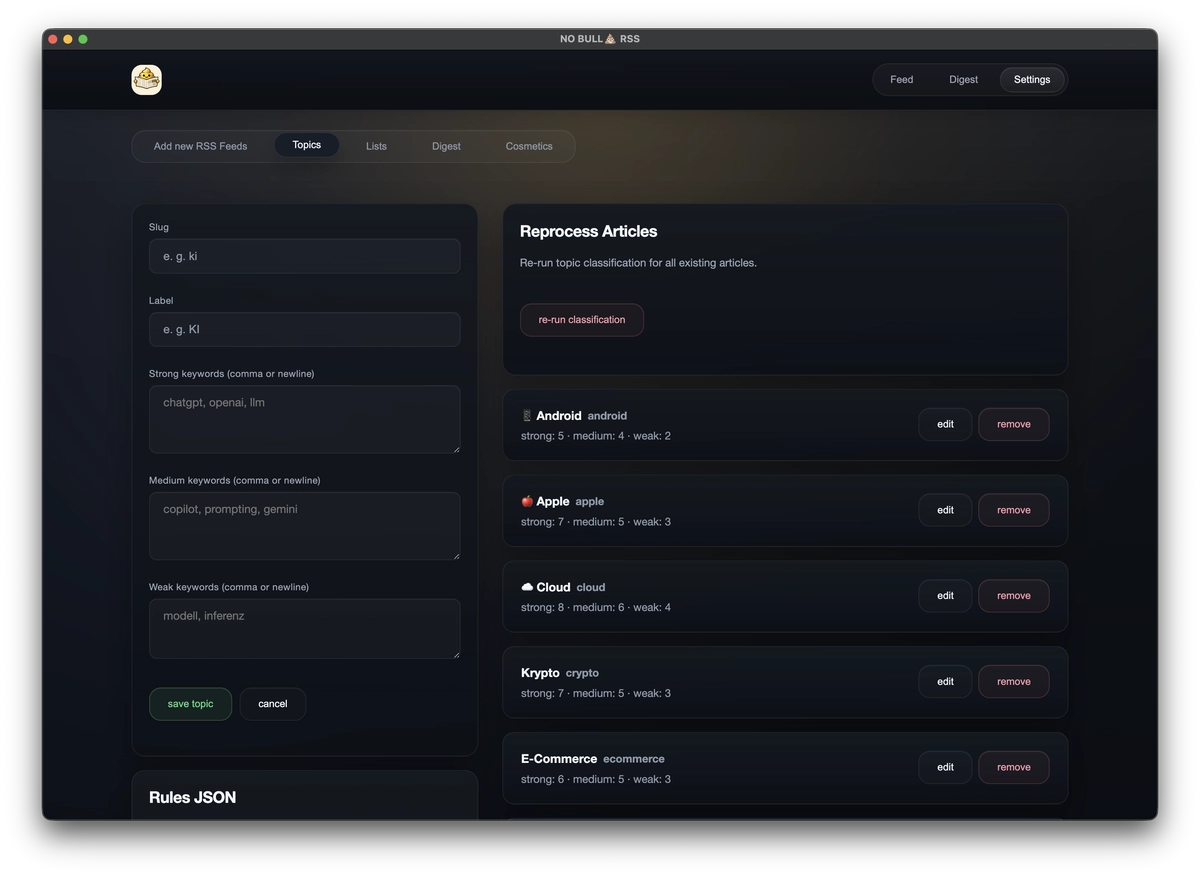 Topic settings with editable strong, medium and weak keyword rules