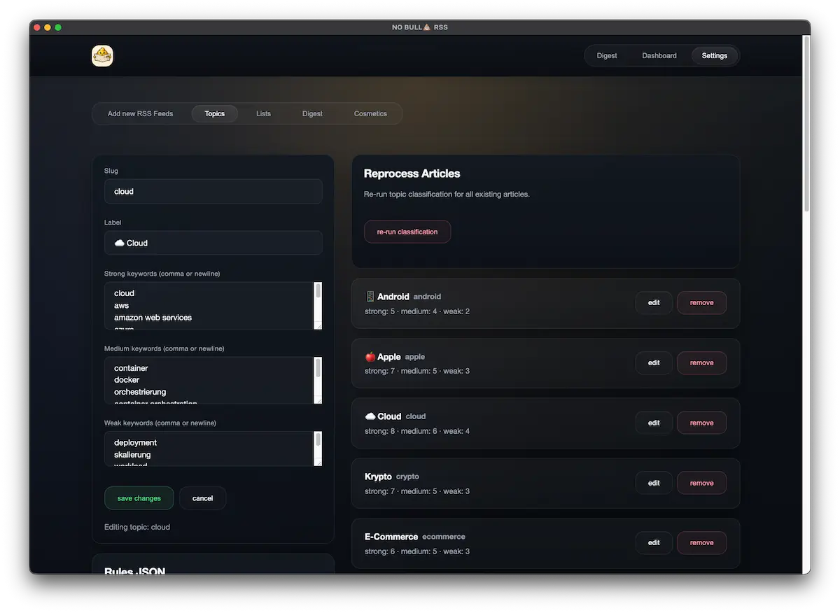 Topics setup screen with editable topic rules