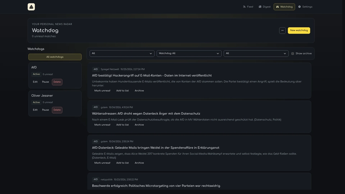 Watchdog inbox with keyword rules, feed filters and matching RSS articles