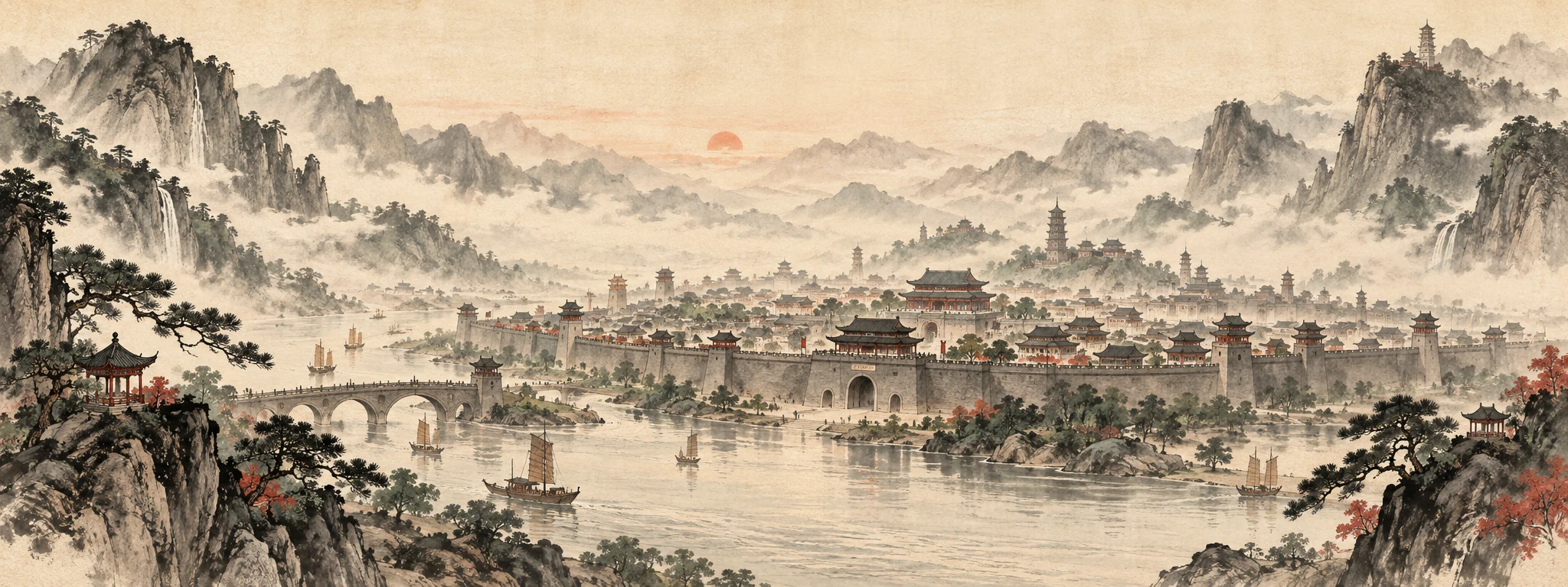 Ink-wash panorama of an ancient Chinese walled city beside a river and misty mountains