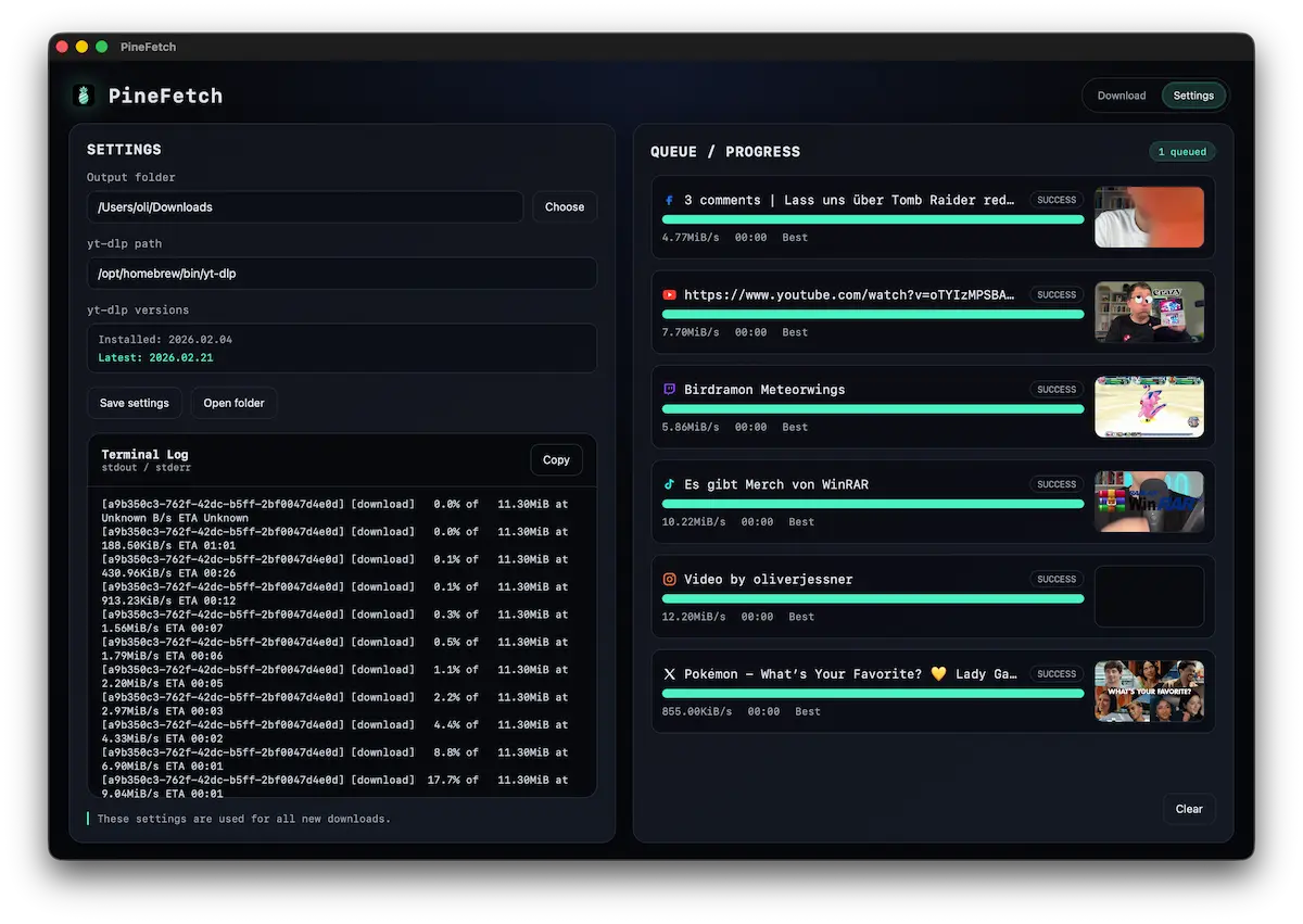 PineFetch settings screen
