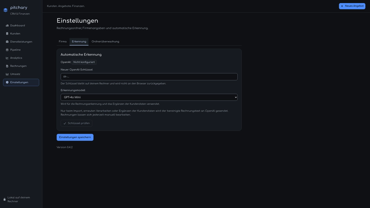 Pitchary-Einstellungen für OCR und optionale KI-Erkennung