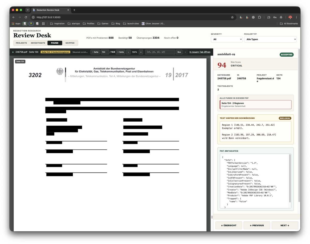 RedactionResearch reviewing a PDF where black redaction boxes still contain machine-readable text