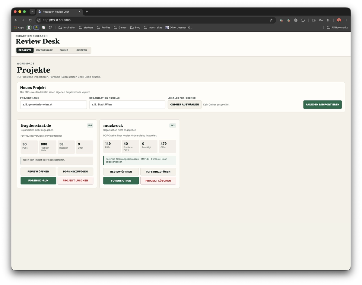 RedactionResearch project dashboard showing imported PDF projects and forensic scan progress