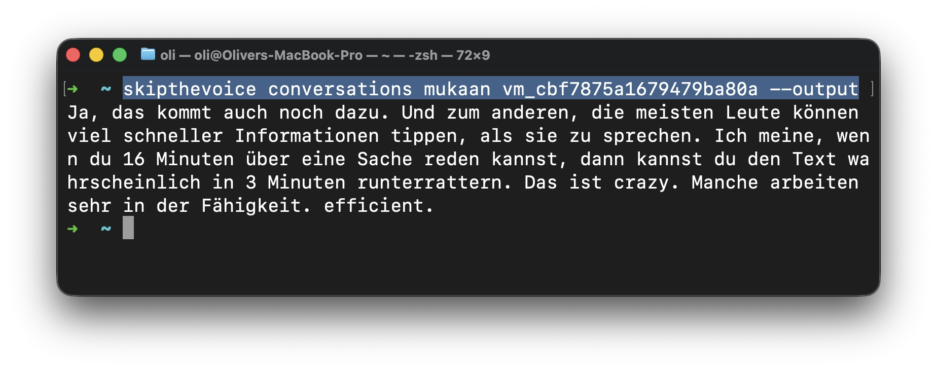 SkipTheVoice CLI returning a voice-message transcript in the terminal