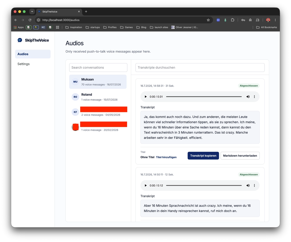 SkipTheVoice web app with searchable conversations and voice-message transcripts
