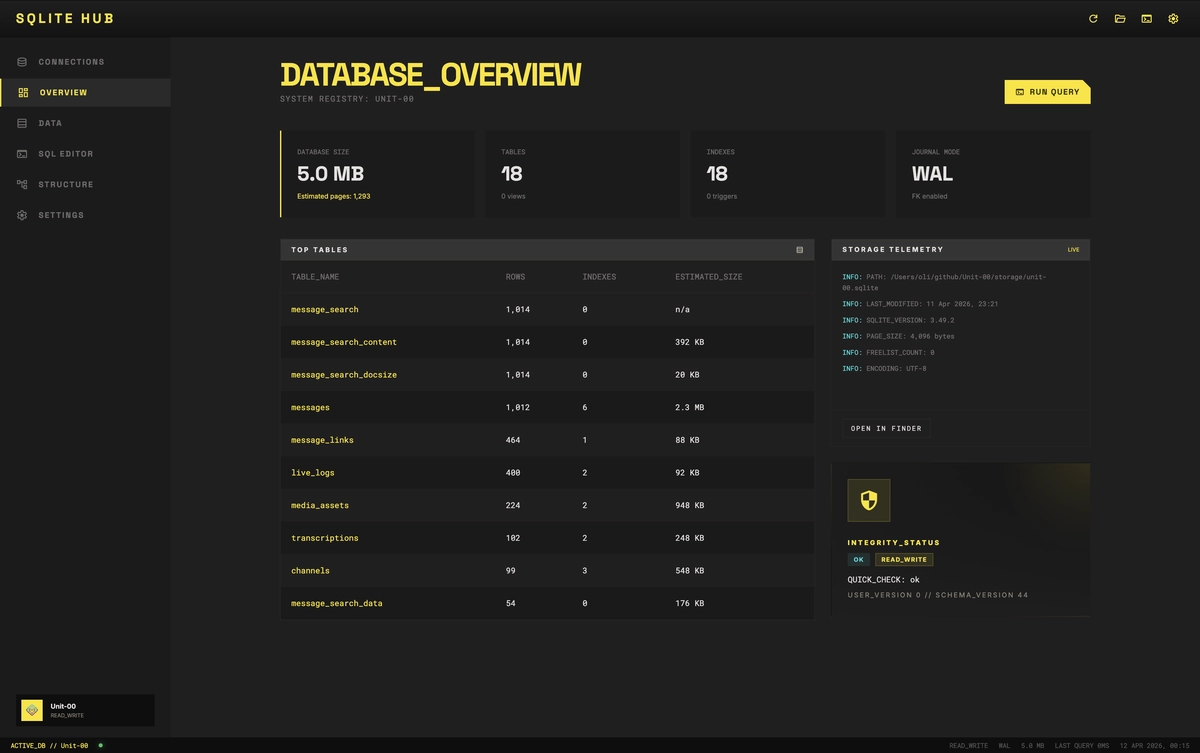 SQLite Hub connections view with recent SQLite files and local database shortcuts