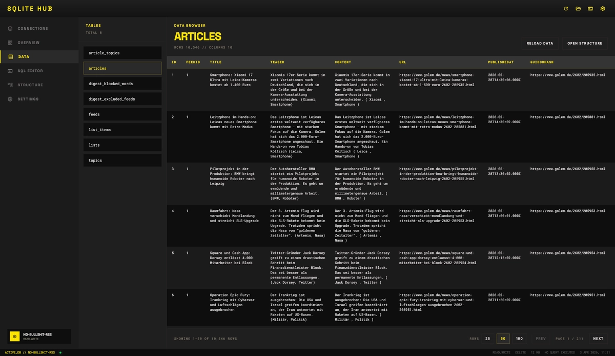 SQLite Hub data browser with a table of rows
