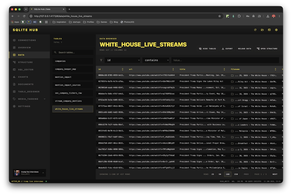 Screenshot des Data Viewers in SQLite Hub mit Tabellenansicht einer lokalen SQLite-Datenbank