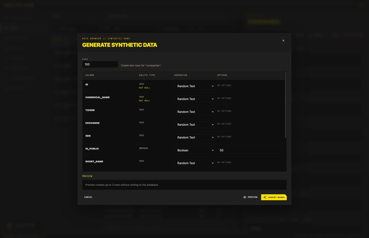 SQLite Hub Generate Data dialog for creating synthetic table records