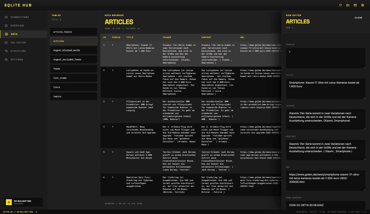 SQLite Hub row editing state with a selected record open for editing