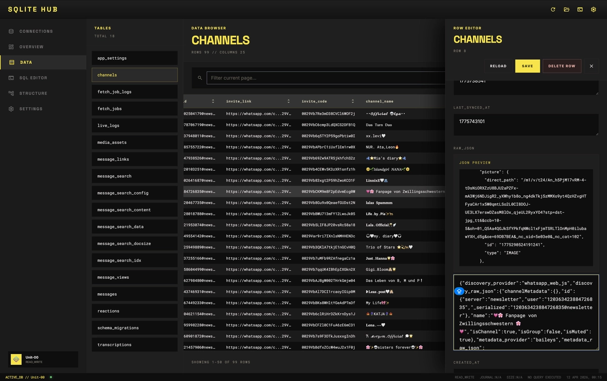 SQLite Hub row editing state with a selected record open for editing