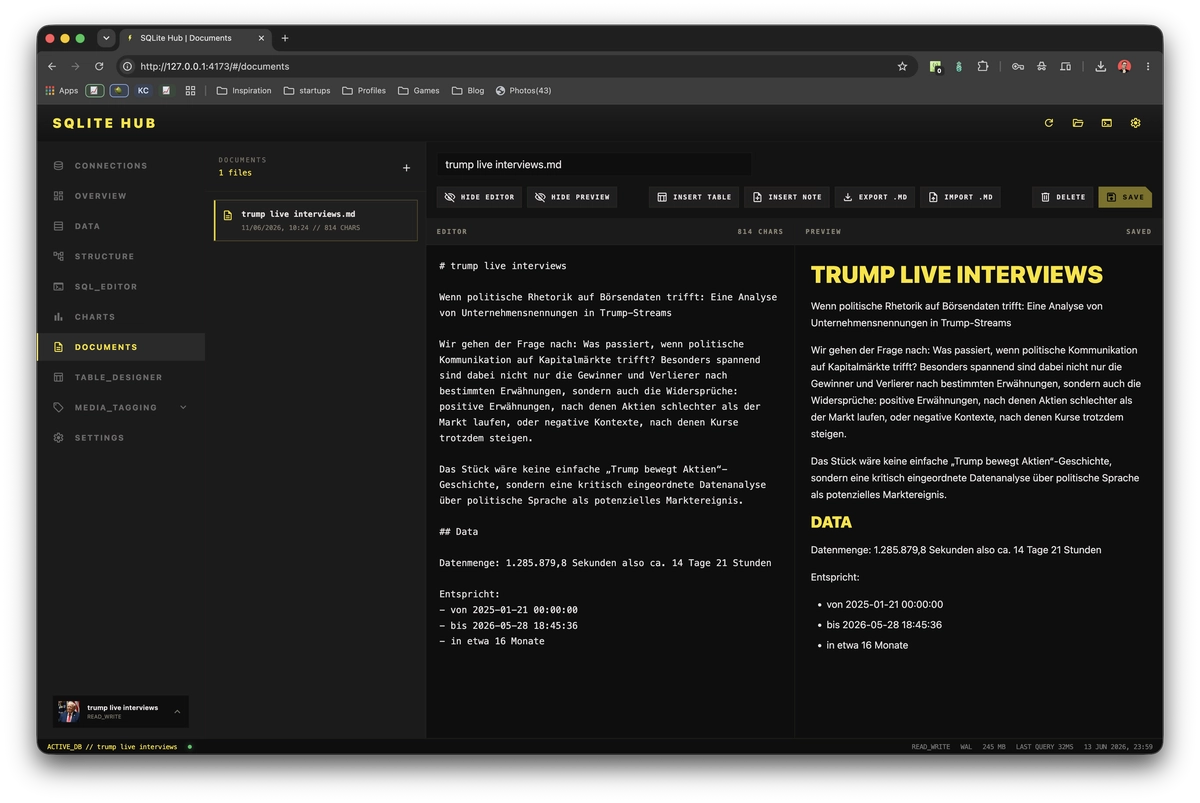 Screenshot der Markdown Documents in SQLite Hub für Projektnotizen und Datenbank-Dokumentation