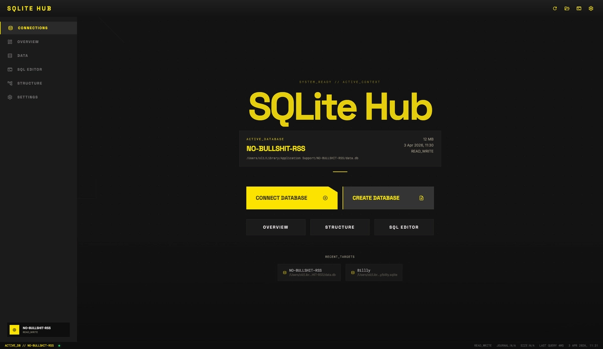 SQLite Hub home interface with overview cards and database content