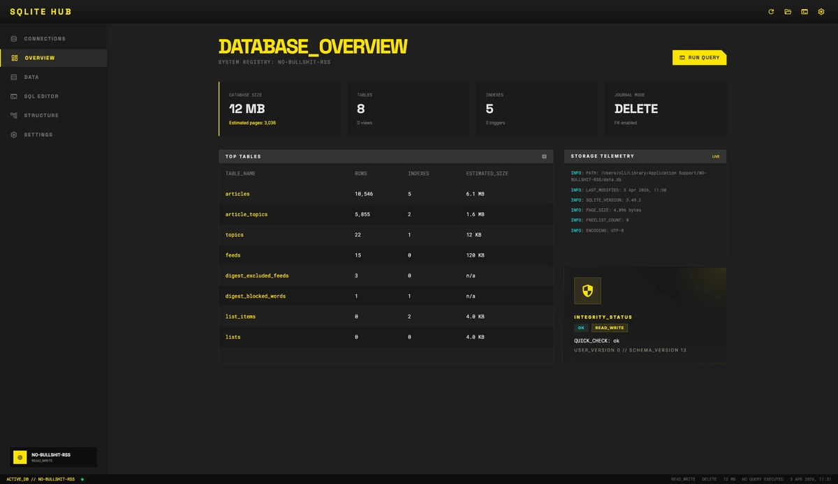 SQLite Hub overview screen with database summary panels and contextual data