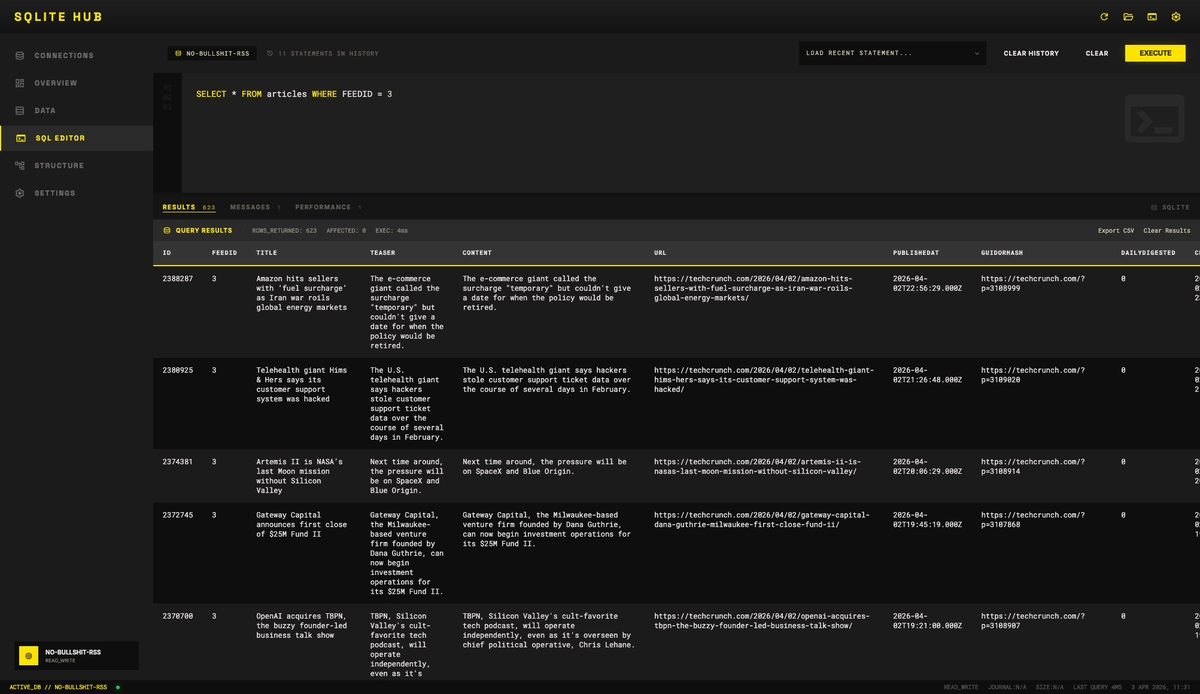 SQLite Hub SQL editor with syntax highlighting and query results