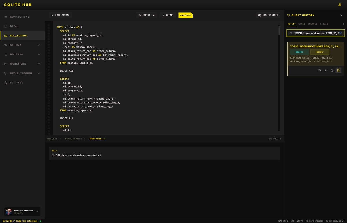 SQLite Hub SQL editor with query history, result grid, performance details, and messages
