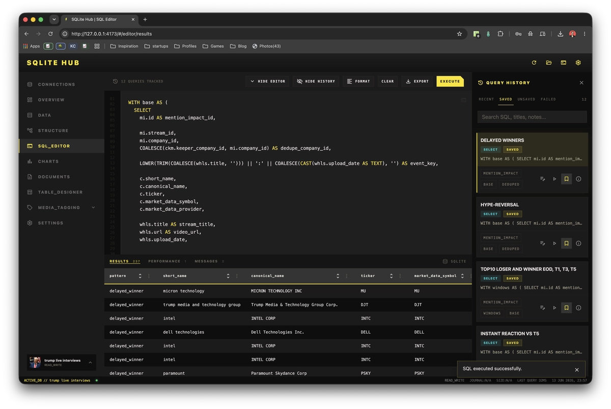 Screenshot des SQL Editors in SQLite Hub mit Query History, gespeicherten Abfragen und Ergebnisansicht