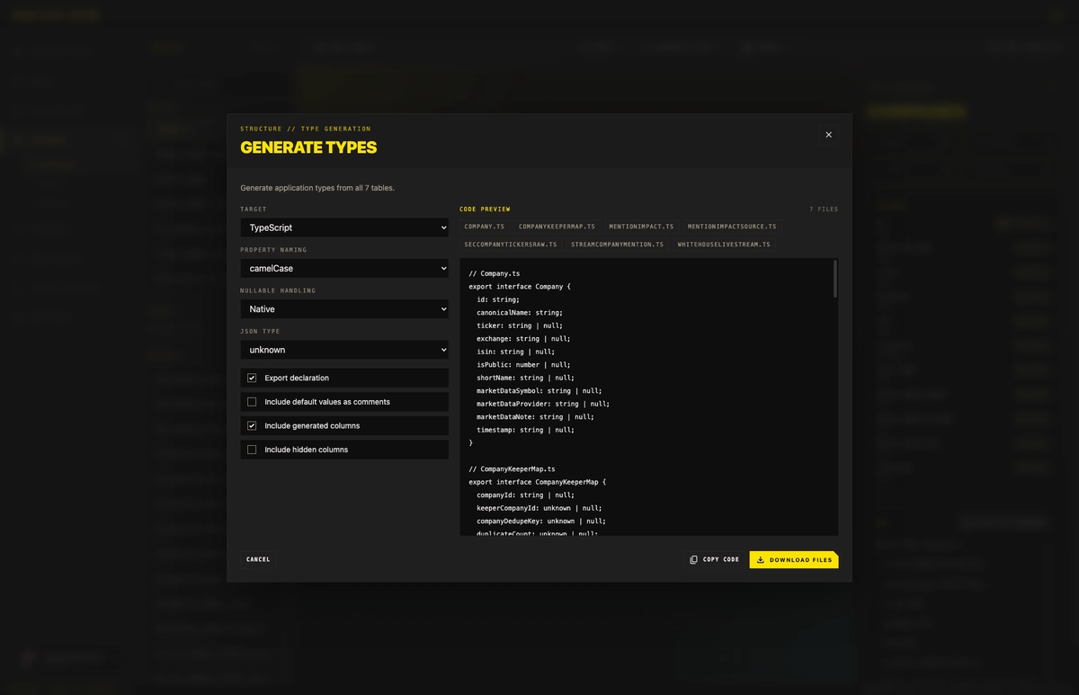 SQLite Hub Generate Types dialog showing generated TypeScript definitions